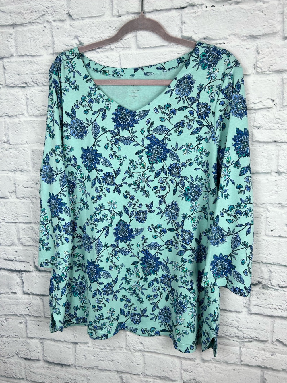 J.Jill XL Pima Cotton Floral V Neck Tee Blue Mint 3/4 Sleeve Knit Top